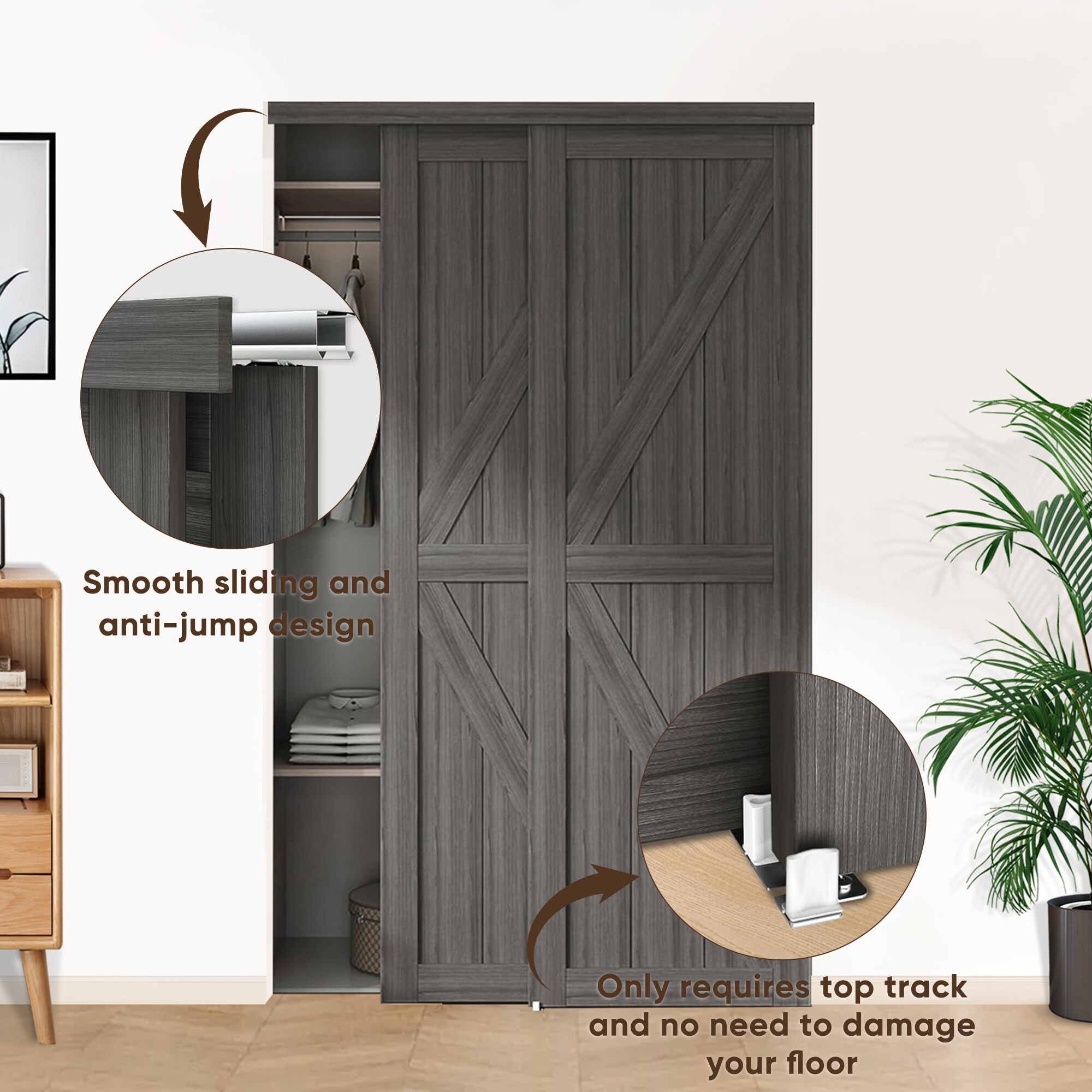 JUBEST 48"(Double 25") X80" Sliding Closet Door, K Style Bypass Closet Door With Hardware Kit & Matching Fascia, Preassembled Solid Wood Slab With Water-Proof PVC Surface, Easy To Install, White_voghion.com
